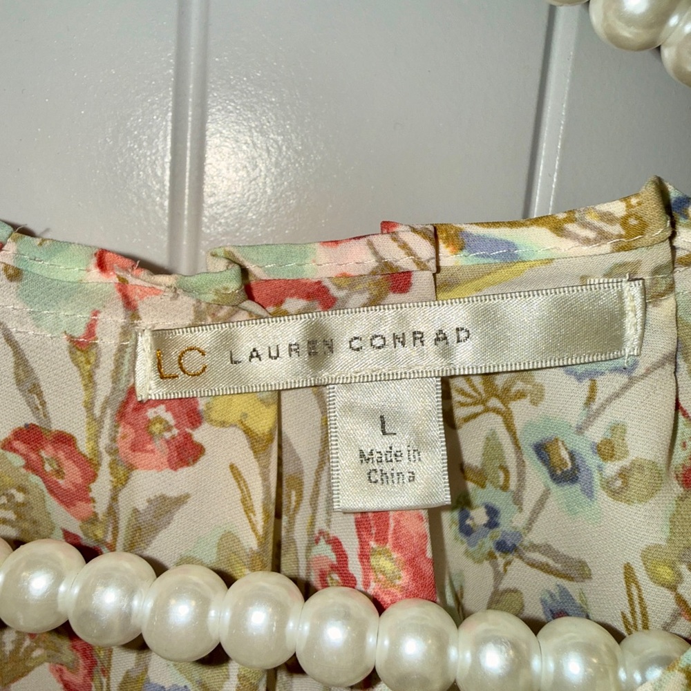 LC Lauren Conrad Floral Blouse Size L Multicolor Tie Back Keyhole Boho Top - Picture 6 of 10